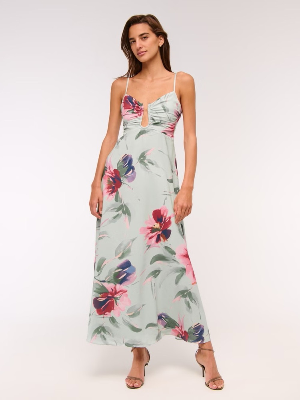 Abercrombie & Fitch Mint Floral Maxi Dress with Pink & Purple Blooms